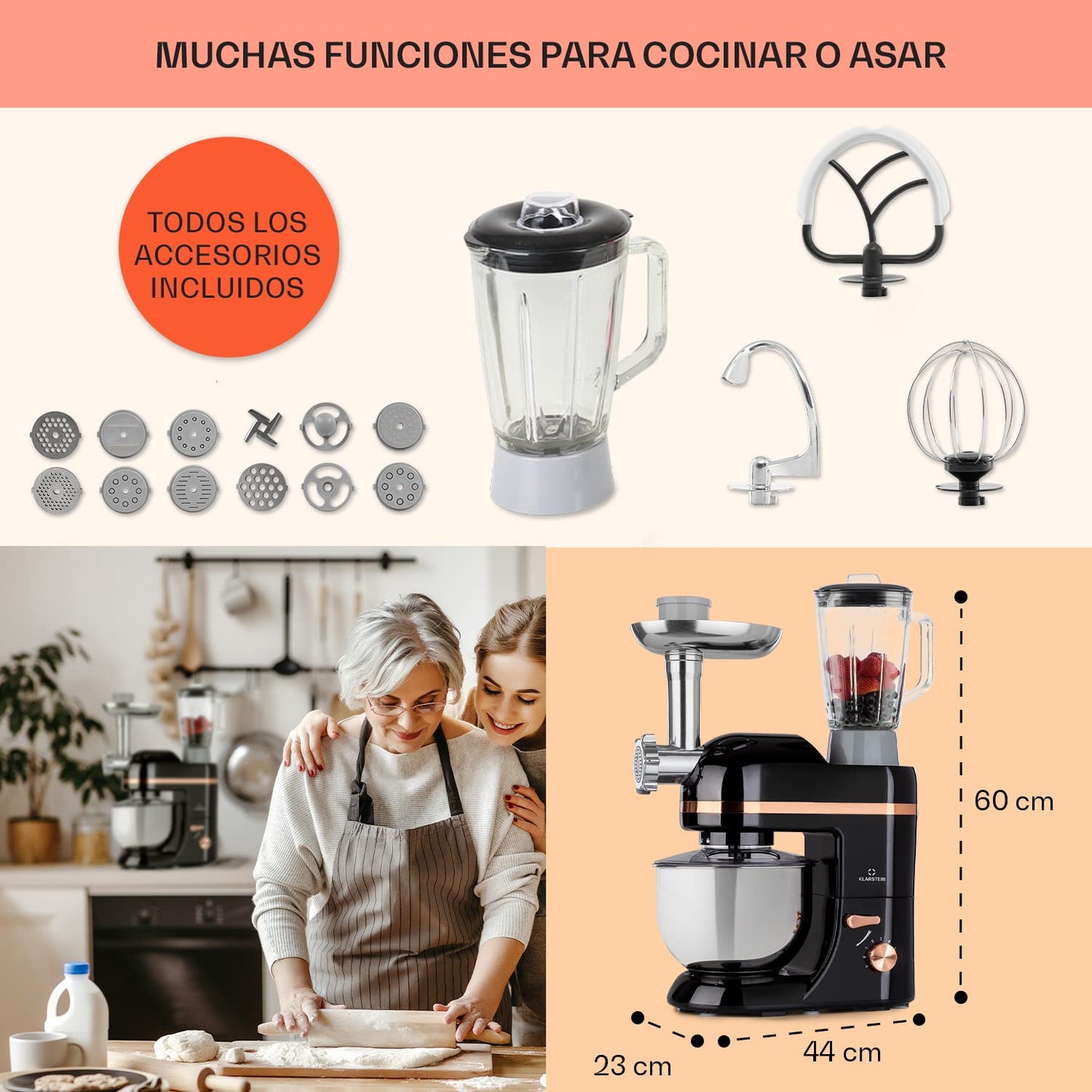 Klarstein batidora amasadora 1800W con bol 5L y licuadora 1,5L